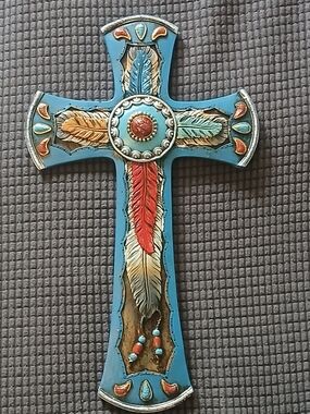Turquoise Native American Western Decorative Wall Art Cross 13" VGC